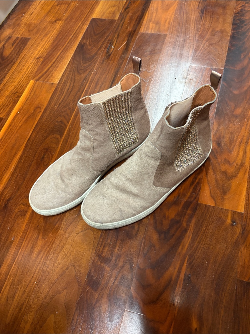 Women's Taupe Slip-On Chelsea Sneakers with Embellished Elastic Panels
